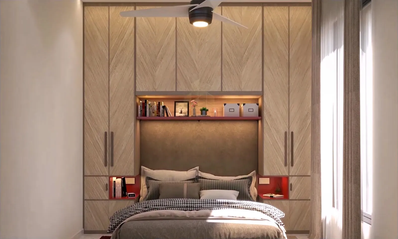 Space-saving small bedroom: floor-to-ceiling herringbone-oak wardrobes wrap the bed, with a mocha upholstered headboard panel, an LED-lit bookshelf niche with a red lacquer ledge, red bedside cubbies, houndstooth throw and daylight through sheer curtains.