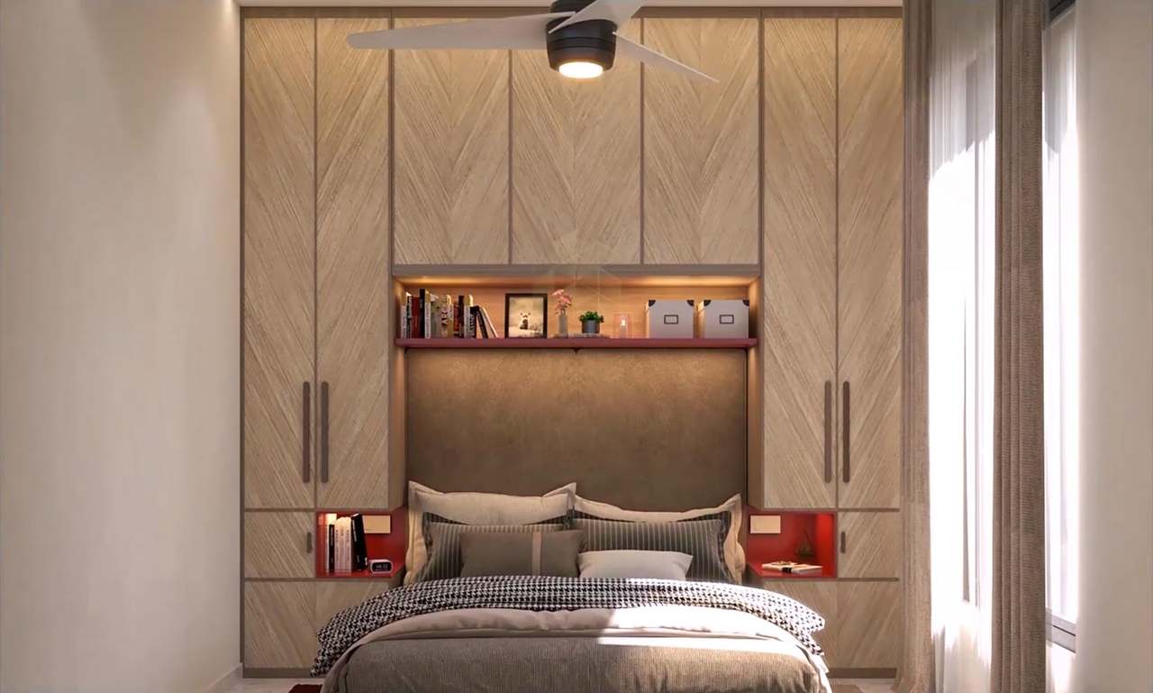 Space-saving small bedroom: floor-to-ceiling herringbone-oak wardrobes wrap the bed, with a mocha upholstered headboard panel, an LED-lit bookshelf niche with a red lacquer ledge, red bedside cubbies, houndstooth throw and daylight through sheer curtains.