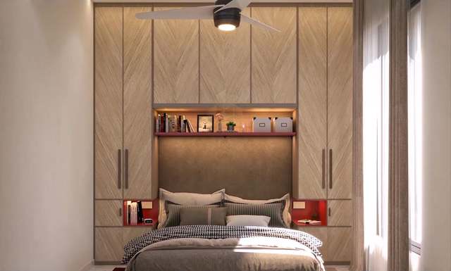 Space-saving small bedroom: floor-to-ceiling herringbone-oak wardrobes wrap the bed, with a mocha upholstered headboard panel, an LED-lit bookshelf niche with a red lacquer ledge, red bedside cubbies, houndstooth throw and daylight through sheer curtains.