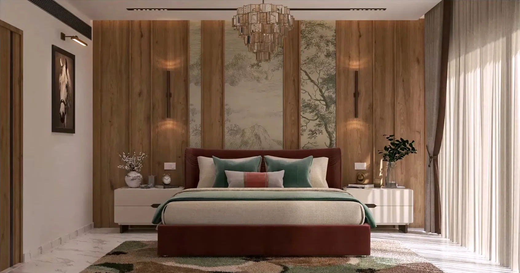 Sunlit luxury bedroom with a rustic oak-plank wall inset with misty mountain-and-tree engraving panels, an amber glass tiered chandelier, a burgundy velvet bed with sage-green cushions, fluted ivory nightstands, a moss-and-caramel shag rug and sheer linen drapes on white marble.
