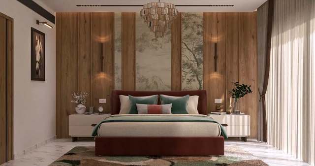 Sunlit luxury bedroom with a rustic oak-plank wall inset with misty mountain-and-tree engraving panels, an amber glass tiered chandelier, a burgundy velvet bed with sage-green cushions, fluted ivory nightstands, a moss-and-caramel shag rug and sheer linen drapes on white marble.