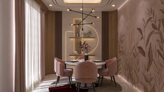 Blush-toned dining nook with four dusty-rose velvet tub chairs around a round white-marble table, a black six-bulb Sputnik-style chandelier, a backlit half-moon niche with oak slats and floating shelves, and a botanical-print wall washed in soft daylight through sheer curtains.