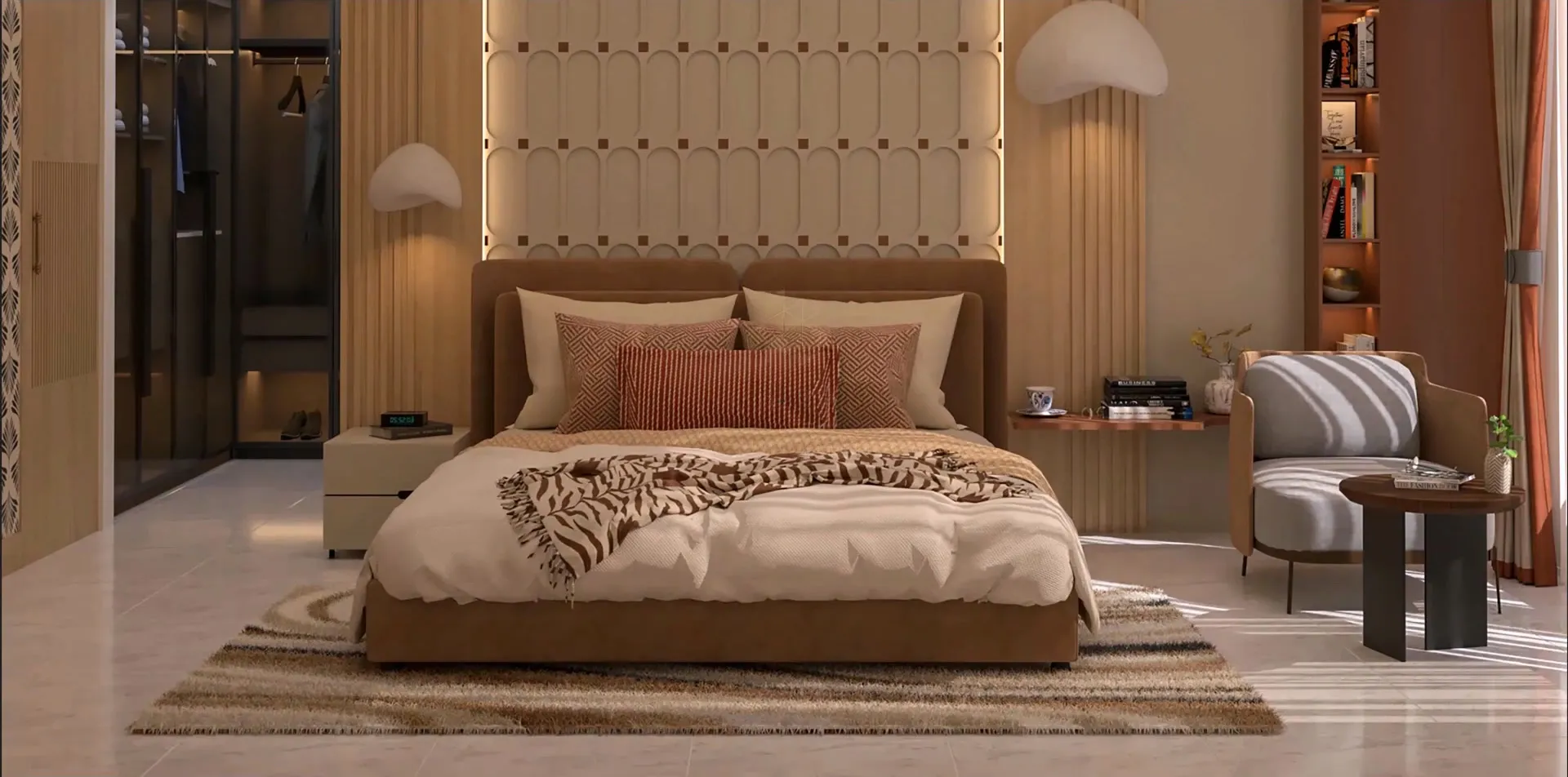 Warm master bedroom with a backlit beige headboard wall of carved arch-shaped panels, a cognac upholstered bed with terracotta cushions and a zebra-print throw, white cloud pendant lamps, a glass-fronted walk-in wardrobe, a lit rust-red book niche and a sunlit grey lounge chair on marble floors.