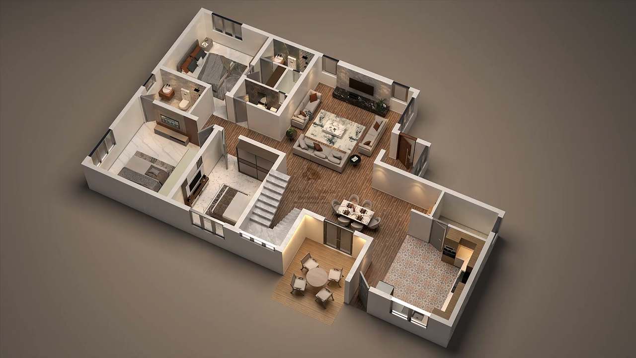 Isometric cutaway 3D floor plan of a three-bedroom home: walnut plank flooring, ivory sofas around a marble coffee table, a terrazzo-patterned kitchen floor, marble-clad bathrooms and warm cove-lit corners on a soft taupe studio ground.