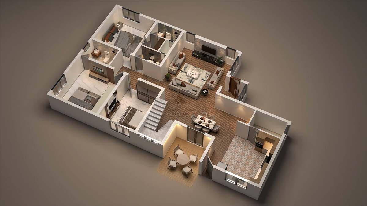 Isometric cutaway 3D floor plan of a three-bedroom home: walnut plank flooring, ivory sofas around a marble coffee table, a terrazzo-patterned kitchen floor, marble-clad bathrooms and warm cove-lit corners on a soft taupe studio ground.