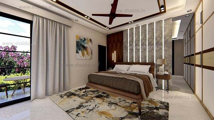 Master bedroom with a walnut bed on an abstract rug, a backlit fluted headboard wall, sheer curtains to a balcony and a wooden ceiling fan
