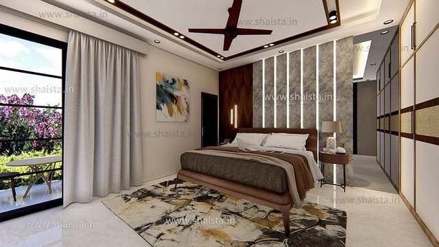 Master bedroom with a walnut bed on an abstract rug, a backlit fluted headboard wall, sheer curtains to a balcony and a wooden ceiling fan