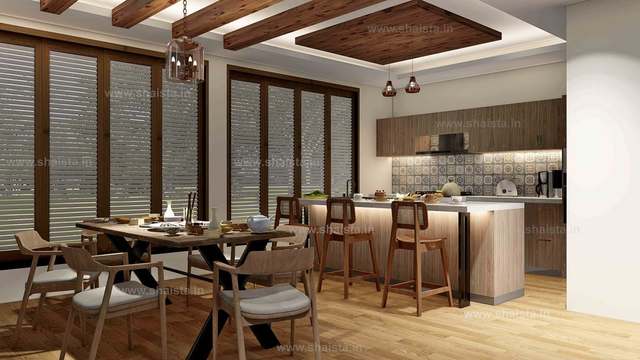 Open kitchen and dining room under timber beams, with a wooden table, cane bar stools at a lit breakfast counter and louvred windows