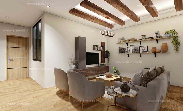 Living room under exposed timber beams with grey armchairs, wall shelves of ceramics, a pendant light and an oak floor