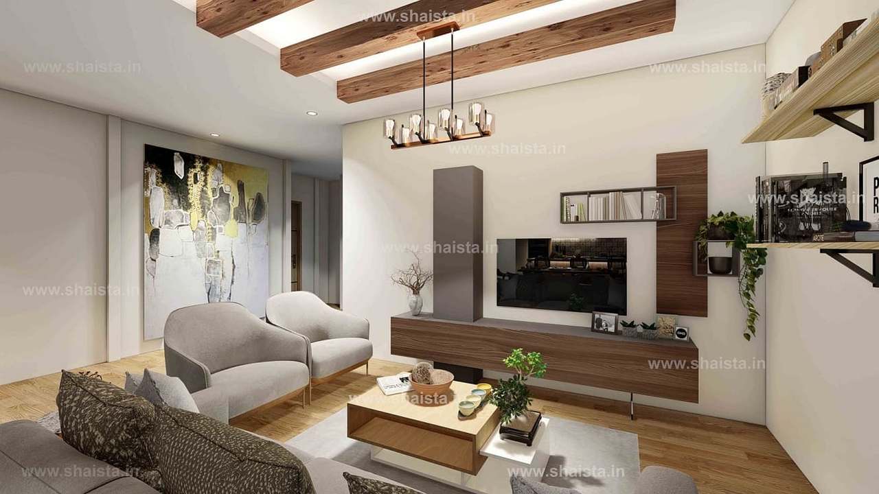 Living room media wall in walnut and grey under timber beams, with an abstract painting and armchairs in the foreground
