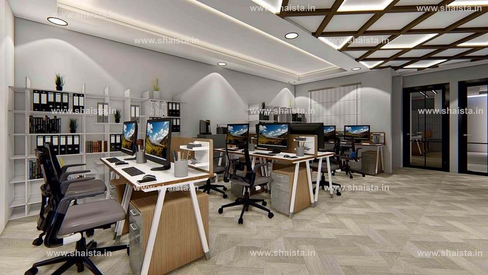 Open-plan office with a timber coffered ceiling, white workstations with mesh chairs and file shelving along the walls