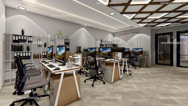 Open-plan office with a timber coffered ceiling, white workstations with mesh chairs and file shelving along the walls