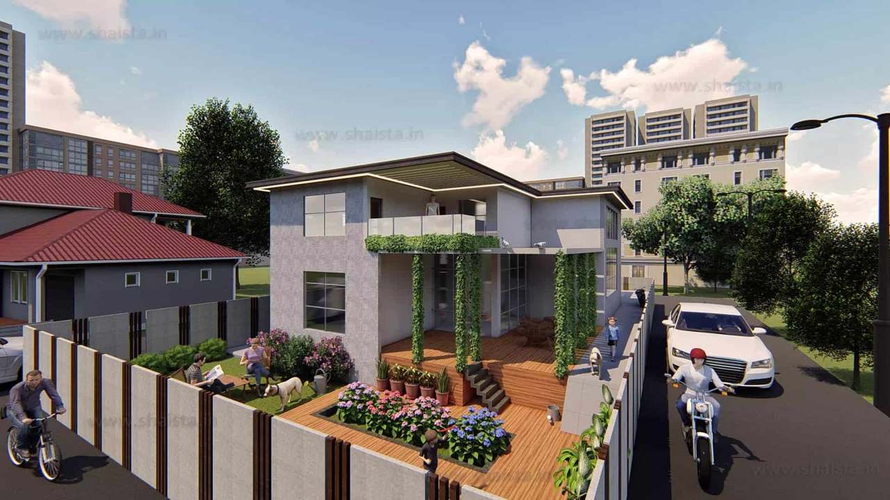 Corner house with a timber deck garden behind a slatted wall, flowering creepers on the facade and neighbouring red-roof houses