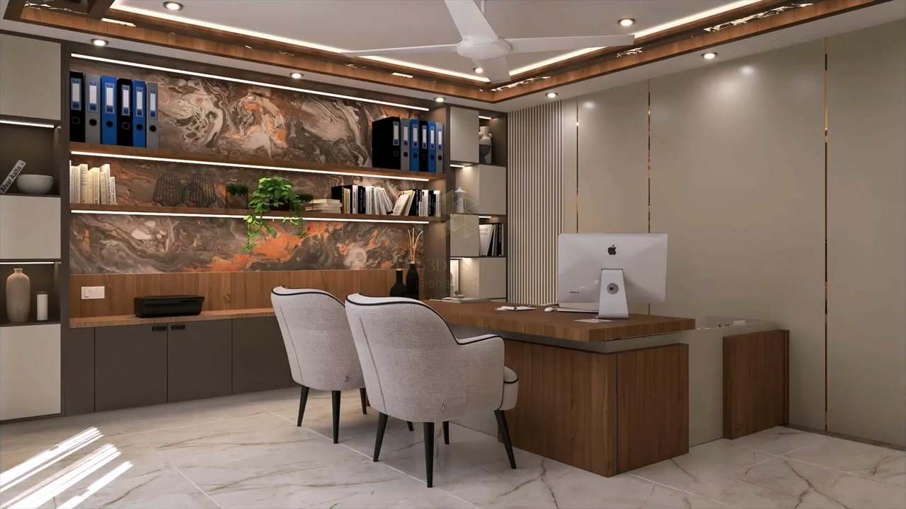 Executive office cabin with a dramatic rust-and-charcoal marbled feature wall behind LED-lit walnut shelving, a walnut L-shaped desk with an iMac, two oatmeal tweed tub chairs, fluted wall slats with bronze inlays and a cove-lit, wood-trimmed ceiling over veined marble floors.