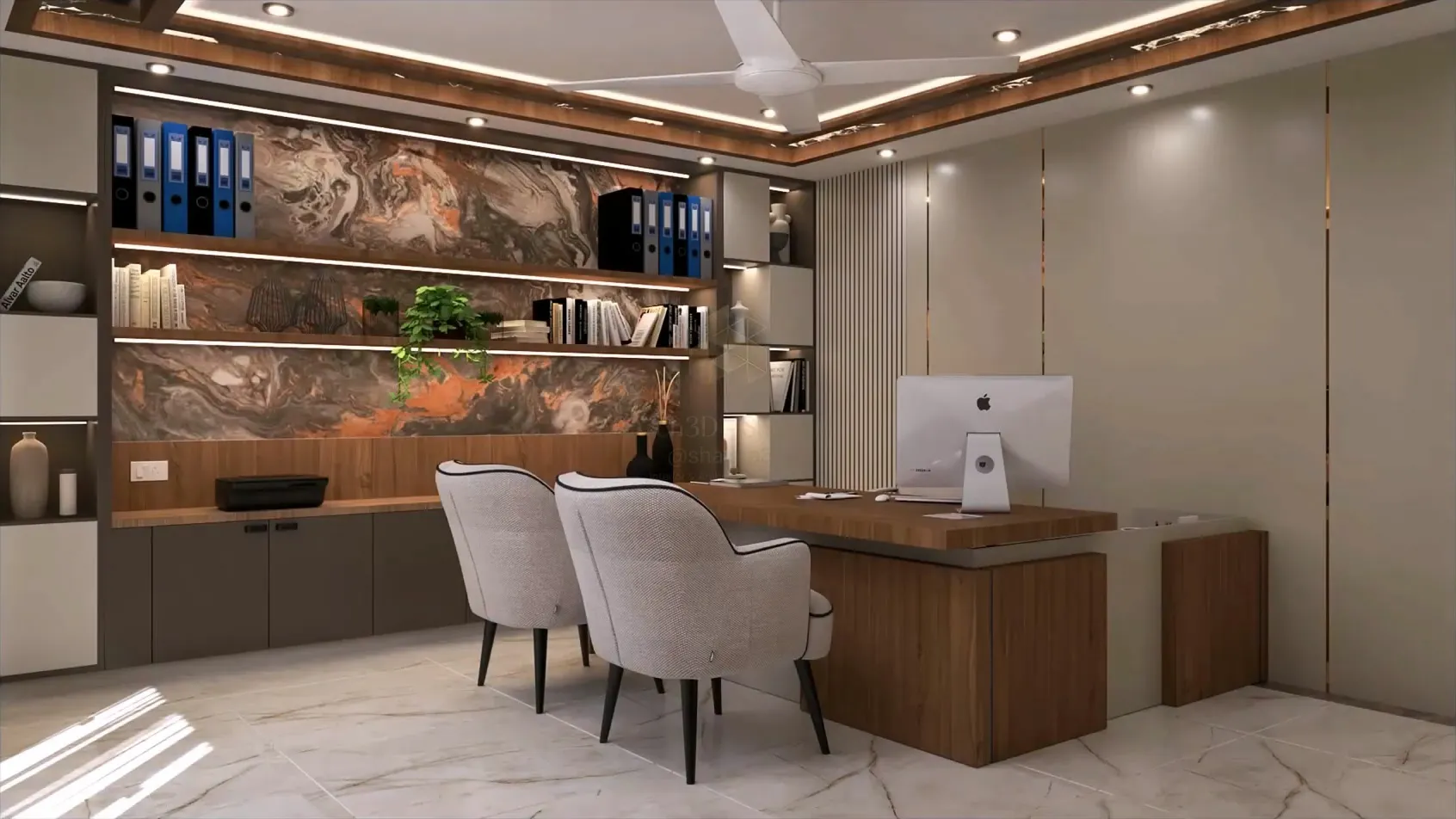 Executive office cabin with a dramatic rust-and-charcoal marbled feature wall behind LED-lit walnut shelving, a walnut L-shaped desk with an iMac, two oatmeal tweed tub chairs, fluted wall slats with bronze inlays and a cove-lit, wood-trimmed ceiling over veined marble floors.