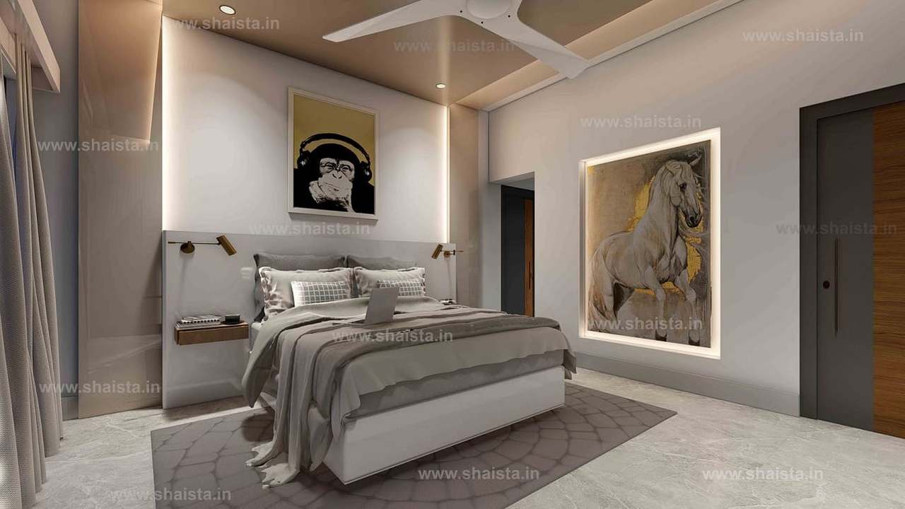 Grey and white bedroom with a framed horse painting, a pop-art print over the bed and a patterned rug under soft cove light