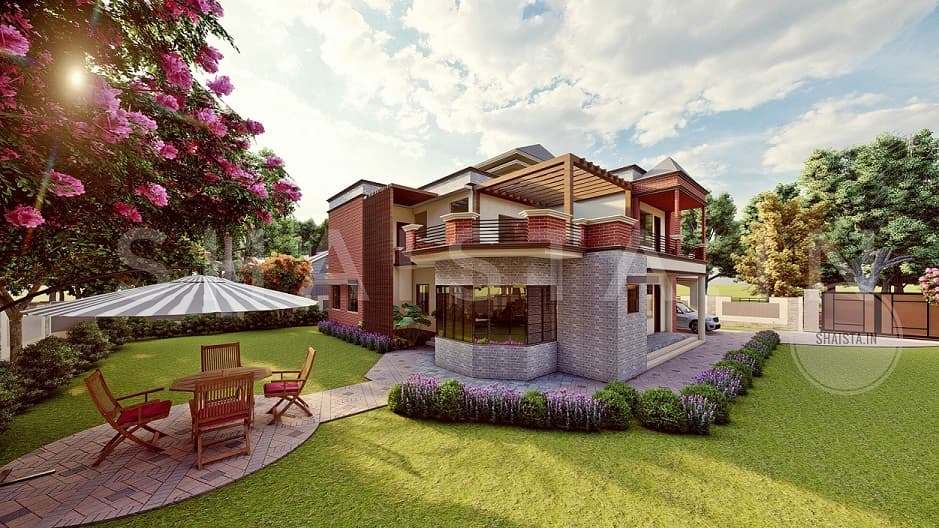 Red brick villa with a pergola terrace seen across a lawn with a patio umbrella, folding chairs and flowering trees