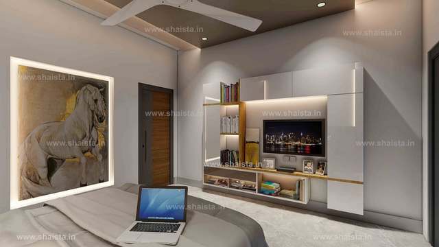 Bedroom media wall in white lacquer with gold trim and display niches, seen past a laptop on the bed, beside a large horse painting