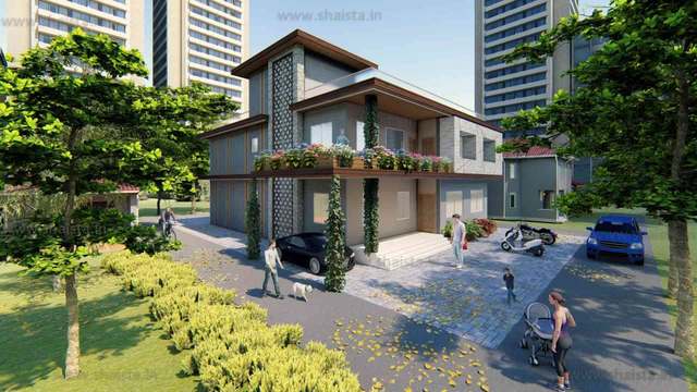 Contemporary house with a perforated jaali screen up the stair core, planted balconies and a paved drive under tall trees