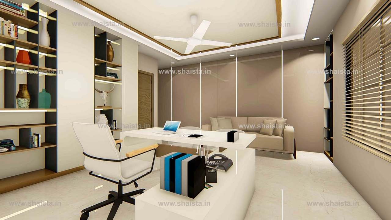 Private office with a white desk, display shelving in black and oak, a beige sofa and a tall window with blinds