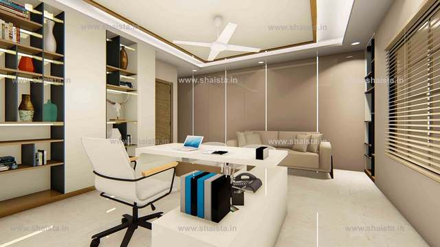 Private office with a white desk, display shelving in black and oak, a beige sofa and a tall window with blinds