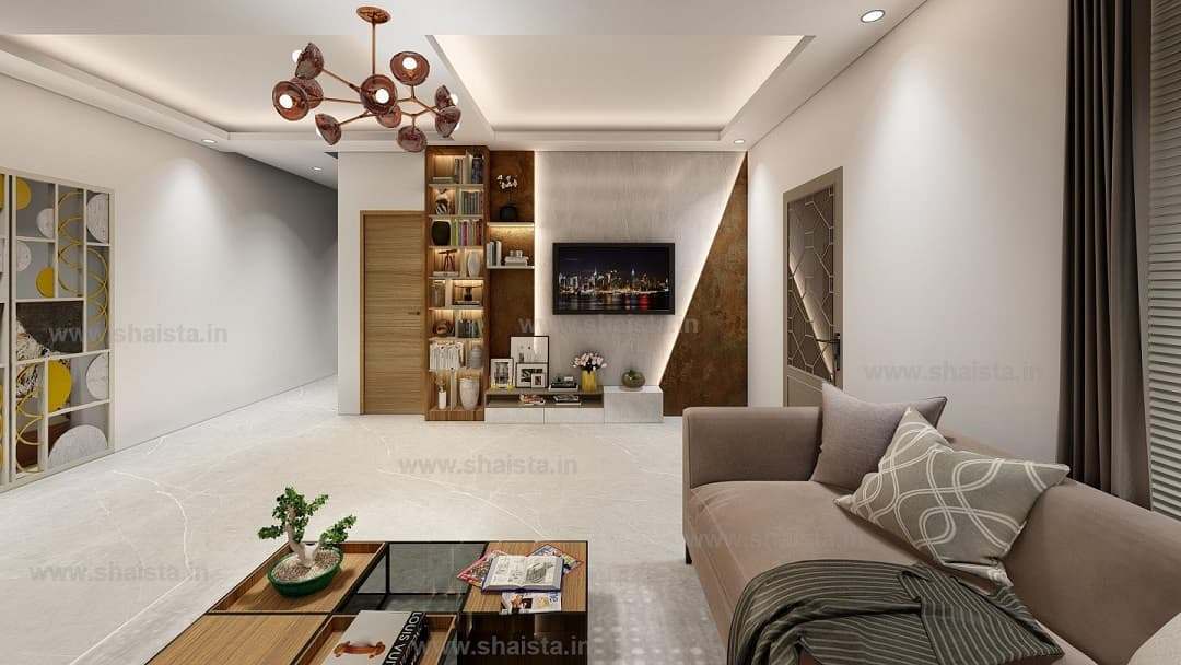 Living room with a backlit bookshelf column, a glass coffee table, a copper cluster pendant and a patterned glass partition