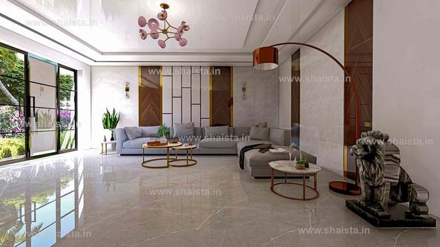 Long living room with a polished marble floor, grey modular sofa, bronze lion sculpture, arc floor lamp and garden doors