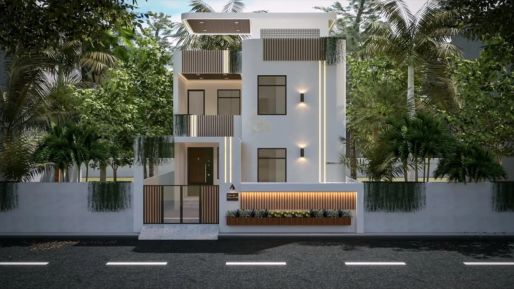 Three-storey contemporary villa in white render with walnut-slatted balcony screens, warm linear LED strips and glowing up-down wall sconces, fronted by a backlit fluted-wood planter wall and framed by dense tropical palms at dusk.
