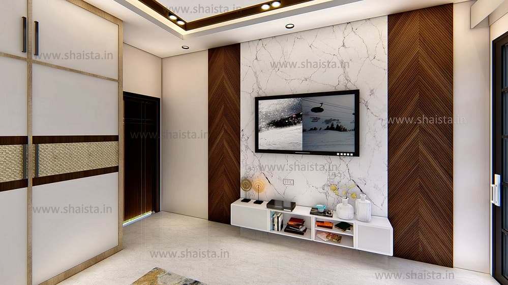 Bedroom TV wall in white veined marble framed by herringbone walnut panels, with a floating console and tall wardrobes