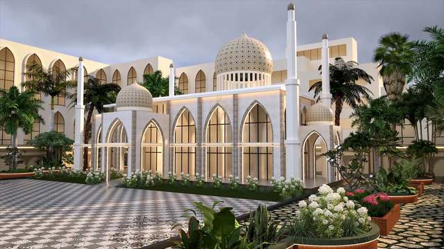 Courtyard of a white mosque with lattice-patterned onion domes, slender minarets and pointed-arch windows outlined in warm light, palms and white hydrangeas on a checkerboard plaza under an overcast sky
