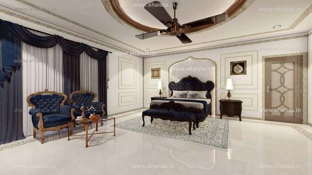 Classic bedroom with navy tufted wingback chairs, a carved dark bed, panelled walls with an arched niche and a round ceiling with a fan