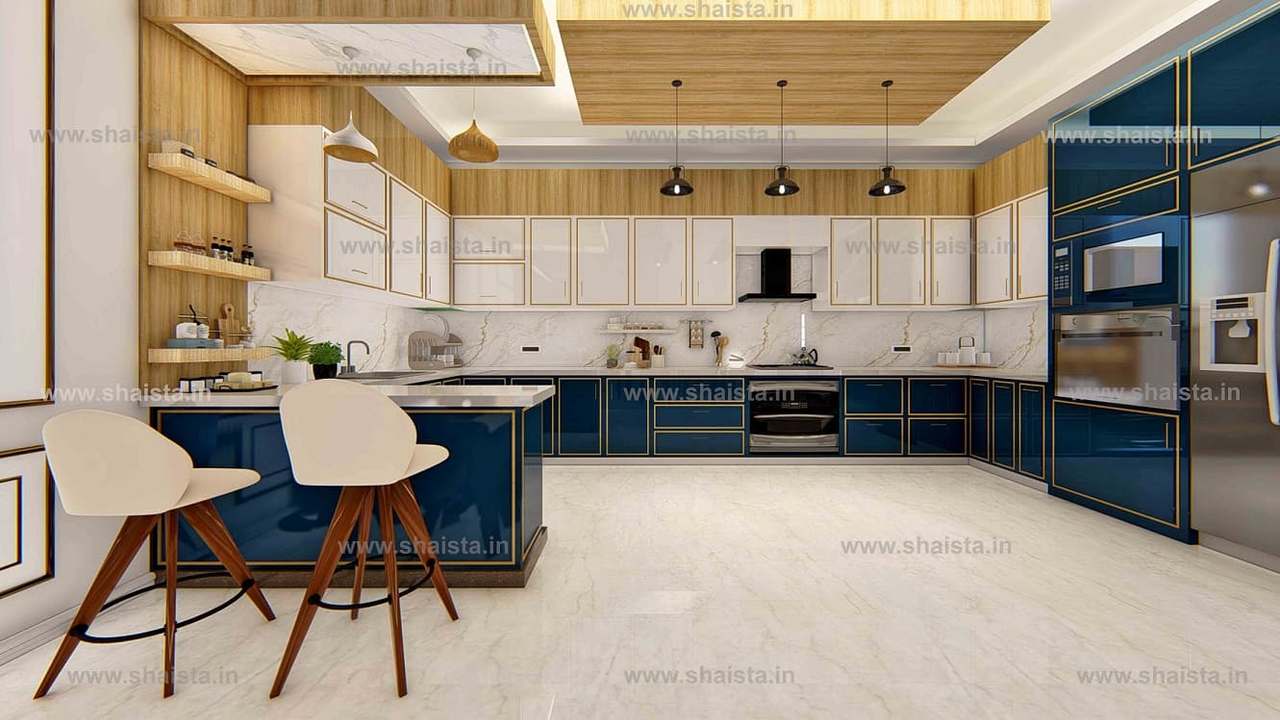 L-shaped kitchen with navy lower cabinets edged in gold, white glass uppers, a wood-panelled ceiling and two bar stools at the island