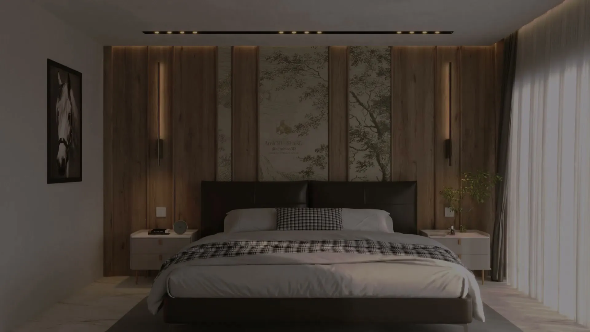 Symmetrical master bedroom with a full-height oak-plank headboard wall inset with botanical tree-engraving panels, slim vertical brass wall lights, a black leather bed dressed in grey linen and a houndstooth throw, white nightstands and sheer curtains, under a linear trimless spotlight track.