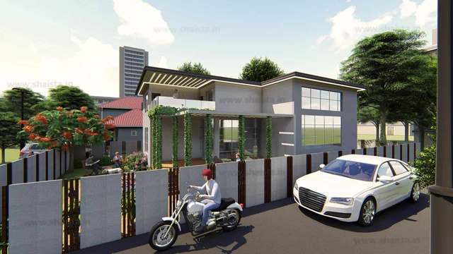 Two-storey grey house with a timber pergola over the terrace, glass corner windows and a slatted boundary wall, a car and a motorbike on the street