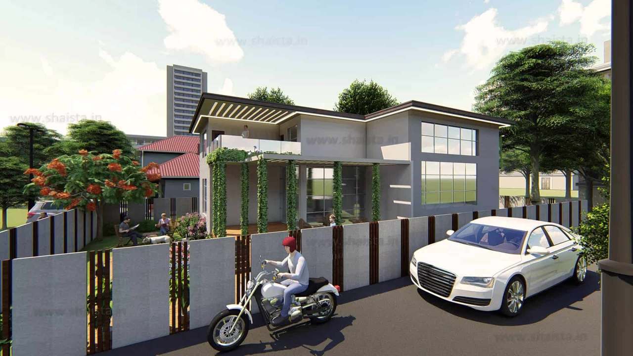 Two-storey grey house with a timber pergola over the terrace, glass corner windows and a slatted boundary wall, a car and a motorbike on the street