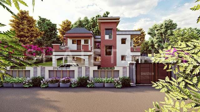 White villa with a red brick stair tower and terracotta balcony rails behind a planted front wall
