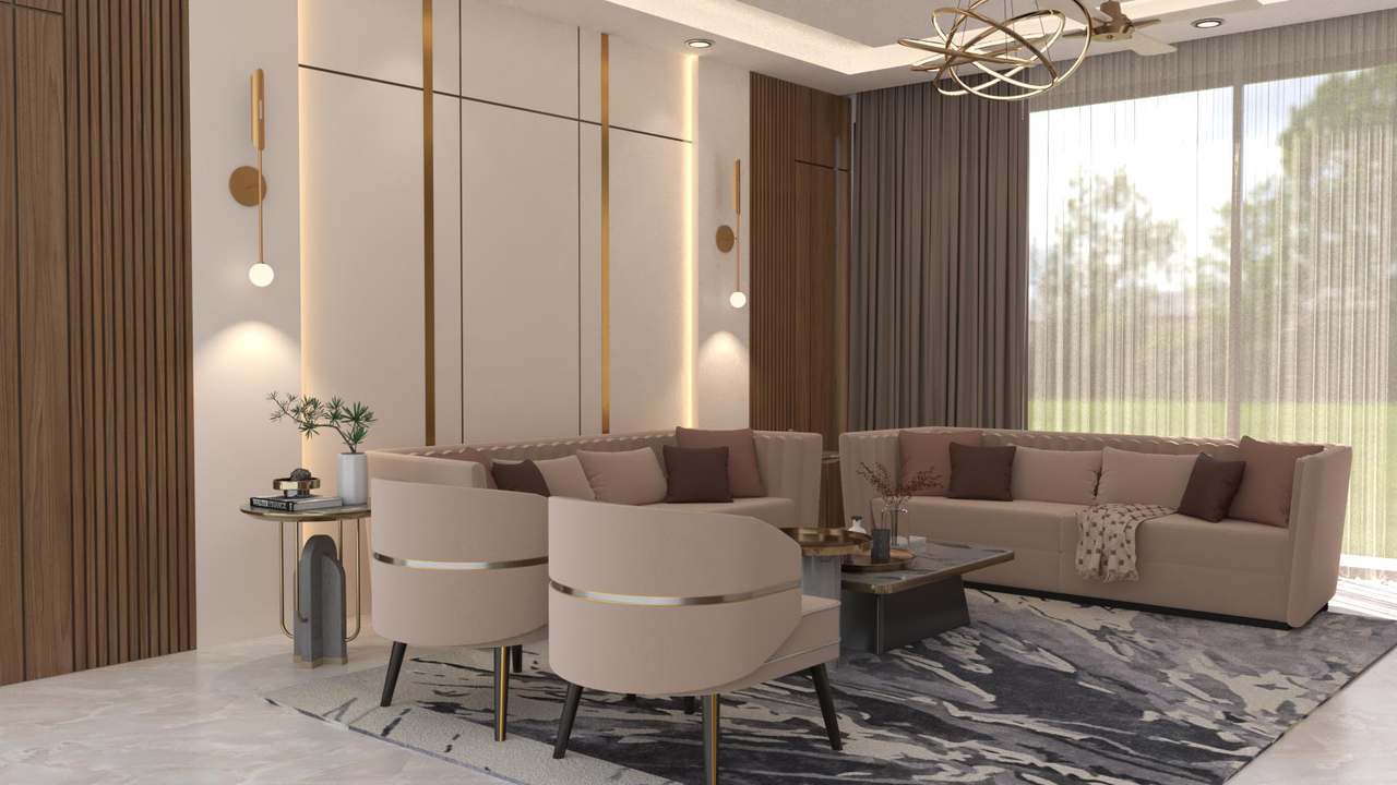 Corner of the same drawing room: blush tub chairs with gold bands, an L-shaped sofa and a garden seen through full-height glass