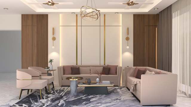 Symmetrical drawing room with blush sofas around a marble-patterned rug, a gold ring chandelier, fluted walnut panels and brass wall lights