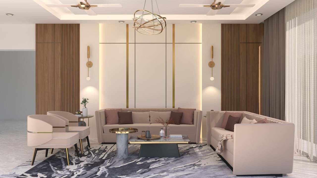 Symmetrical drawing room with blush sofas around a marble-patterned rug, a gold ring chandelier, fluted walnut panels and brass wall lights
