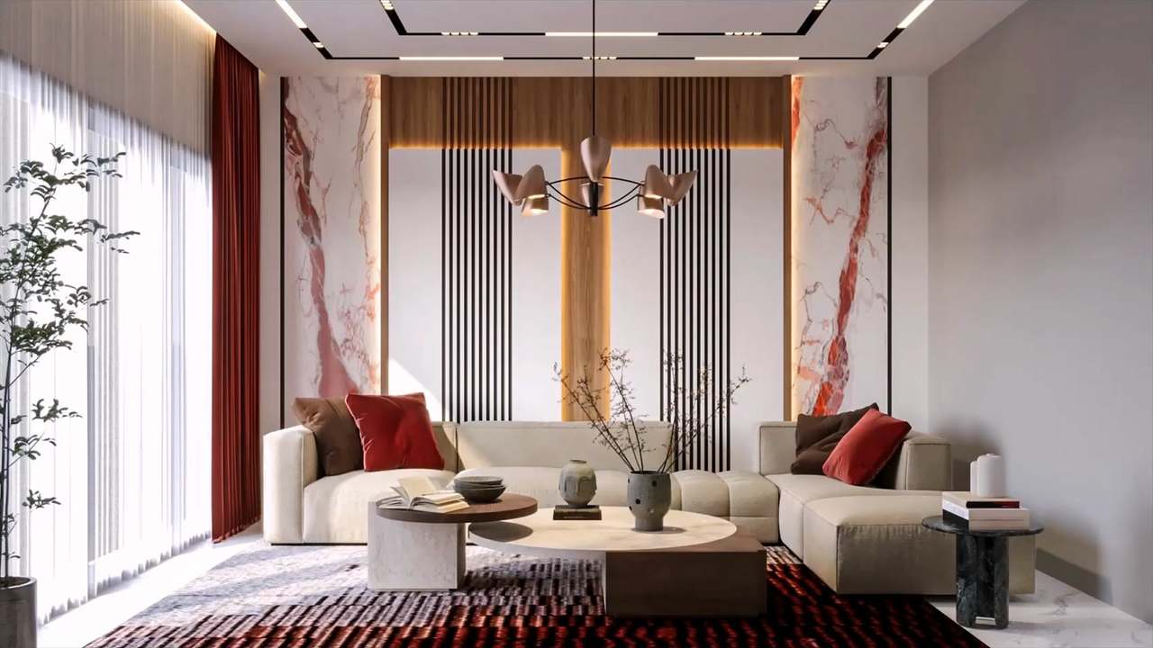 Bright living room with a feature wall of book-matched red-veined Calacatta Viola marble, black slatted panels and a backlit oak strip, a blush six-cone sculptural chandelier, an oatmeal modular sectional with crimson velvet cushions, nested travertine and walnut coffee tables and floor-length crimson drapes over sheers.