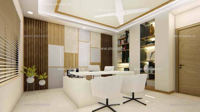 Director’s cabin with a white desk and chairs, an oak slatted wall, backlit shelving and a framed ceiling with a fan
