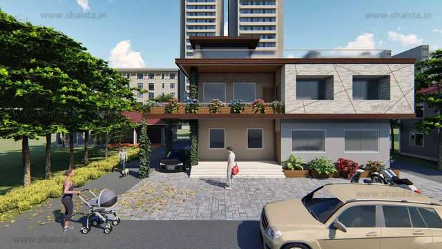 Two-storey house with a diagonal stone-clad upper floor, planters along the balcony and a paved forecourt, apartment towers behind