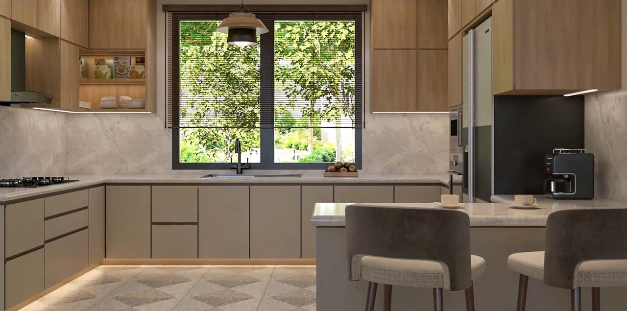 U-shaped modular kitchen in light-oak and greige matte handleless cabinetry with LED under-cabinet strips, cloud-grey stone backsplash, a black-framed garden window with venetian blinds and a woven pendant, and charcoal boucle bar stools at a stone breakfast counter.