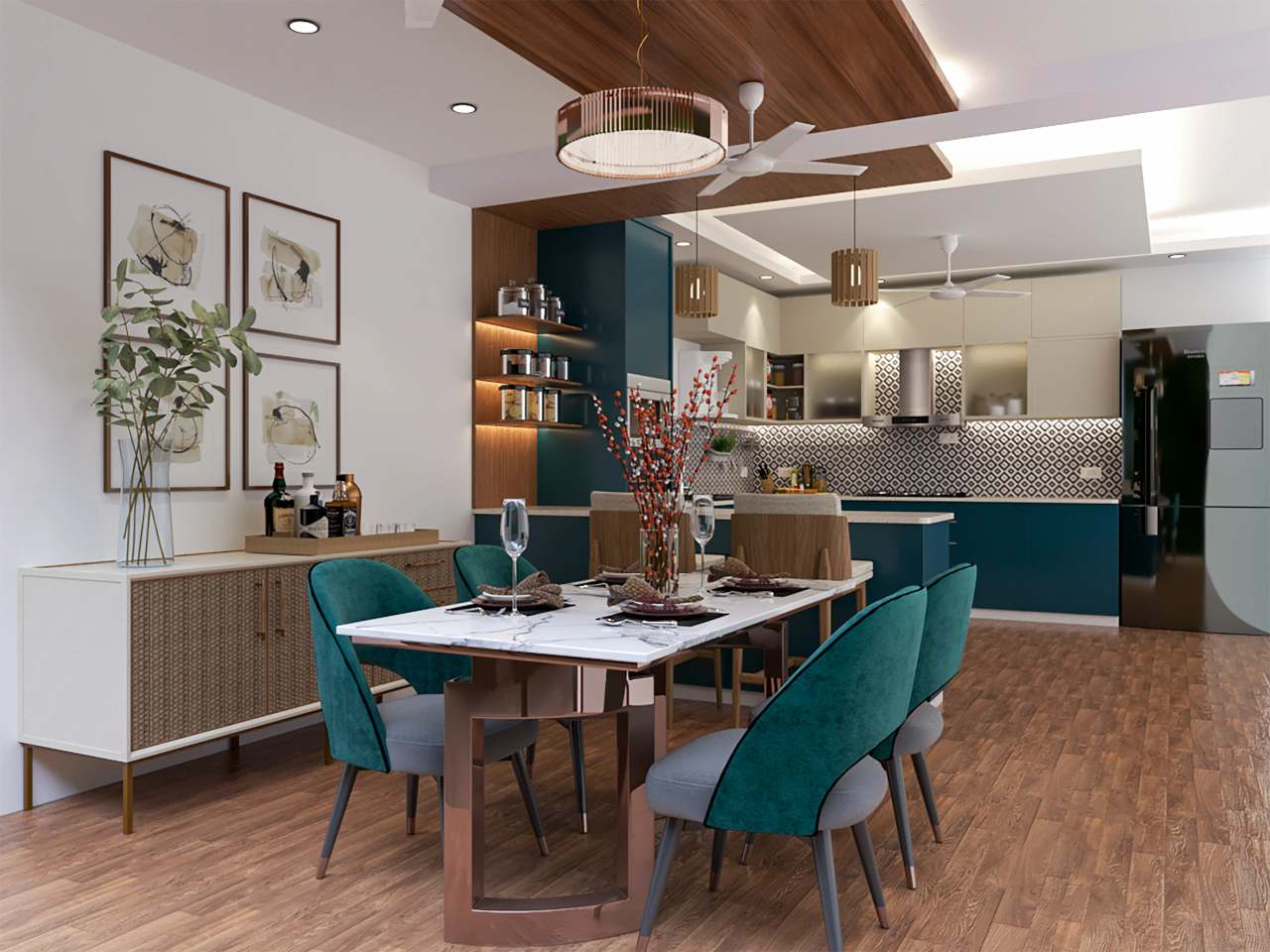 Dining room with teal velvet chairs around a white marble table, framed botanical prints and an open teal and white kitchen behind