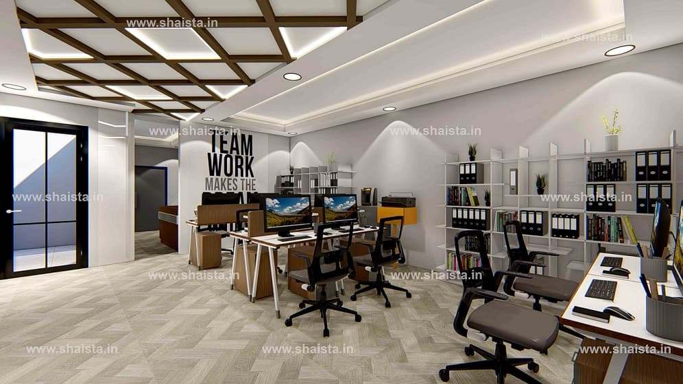 Workstations on a herringbone floor under a timber grid ceiling, with the team wall and shelving behind