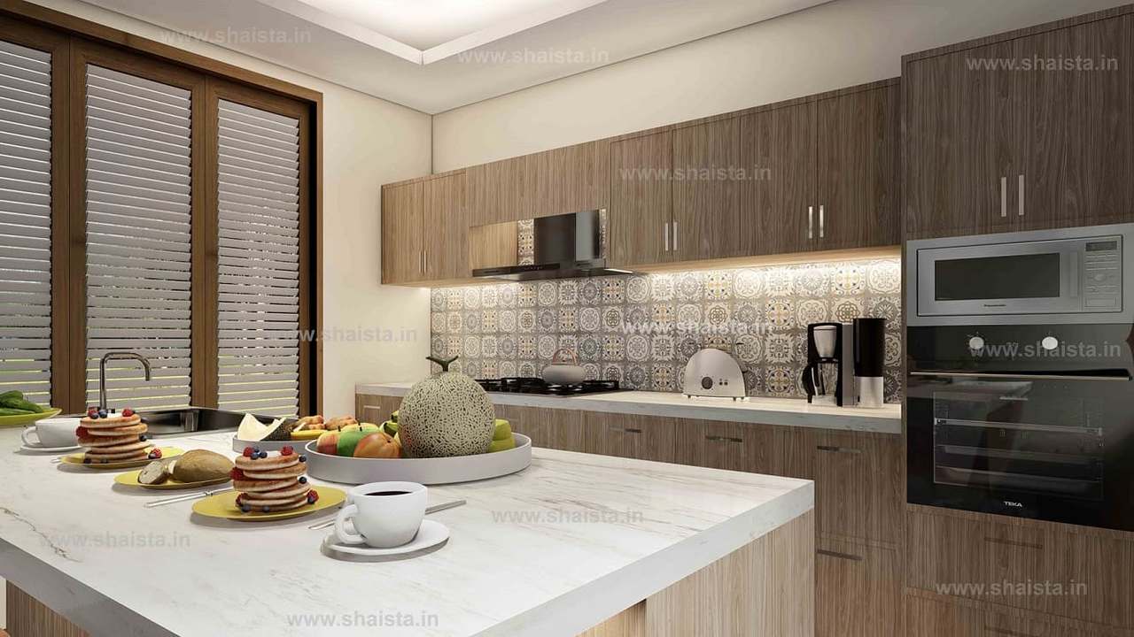 Close view of a white marble island set for breakfast in front of walnut cabinets and a patterned tile backsplash