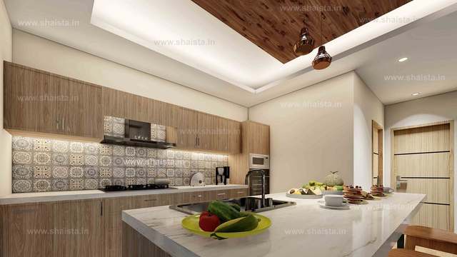 Kitchen with walnut cabinets, a patterned encaustic tile backsplash, built-in oven and a marble island with a hob