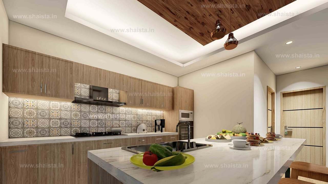 Kitchen with walnut cabinets, a patterned encaustic tile backsplash, built-in oven and a marble island with a hob