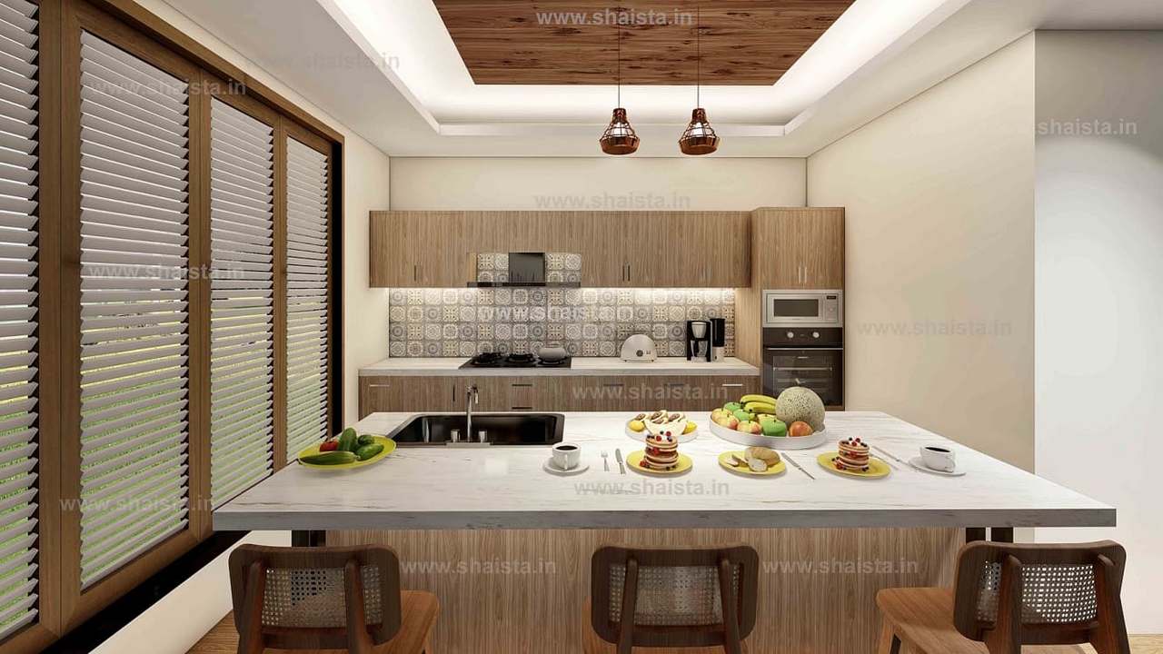 Wide view of the walnut kitchen and marble island with cane bar stools beside full-height louvred windows