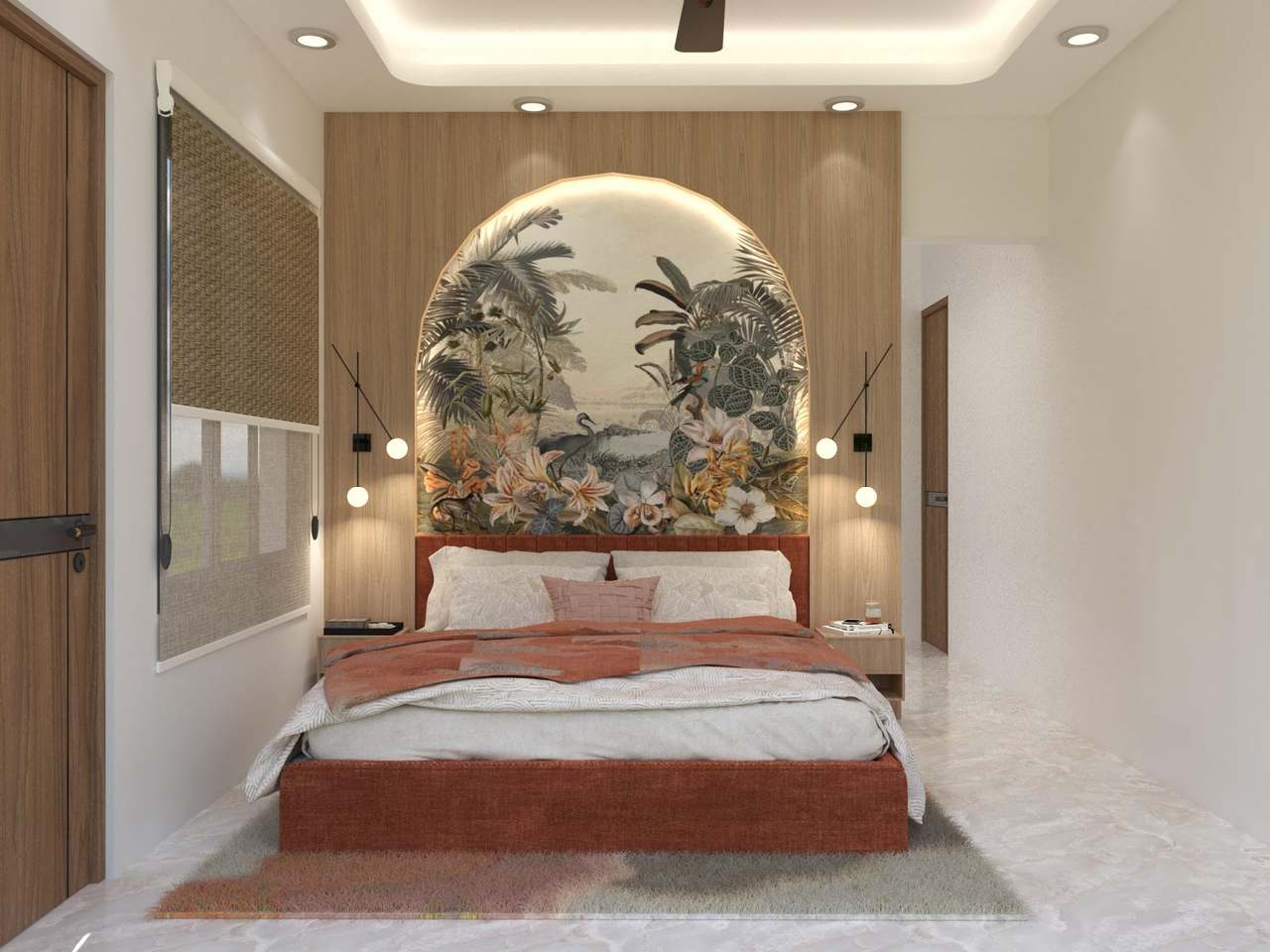 Bedroom with an arched tropical mural behind a terracotta upholstered bed, walnut wall panels, pendant lights and a cove-lit ceiling